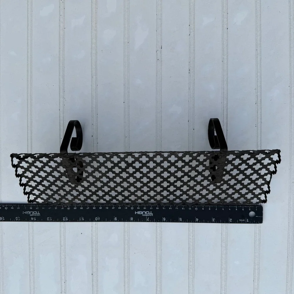 Vintage Black Wrought Iron Wall Shelf Scrollwork Brackets Perforated Metal Decor